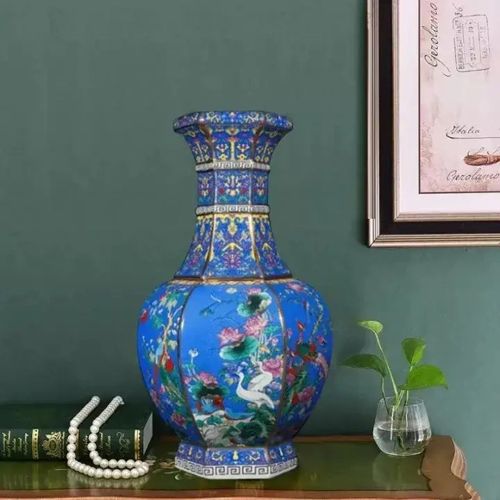 Antique ceramic vase 24cm vibrant blue enamel with intricate floral and bird motifs and gold accents