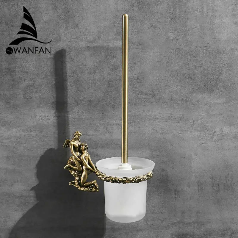 Antique cherub gold and silver toilet brush holder with brass accents and frosted white glass base bathroom set