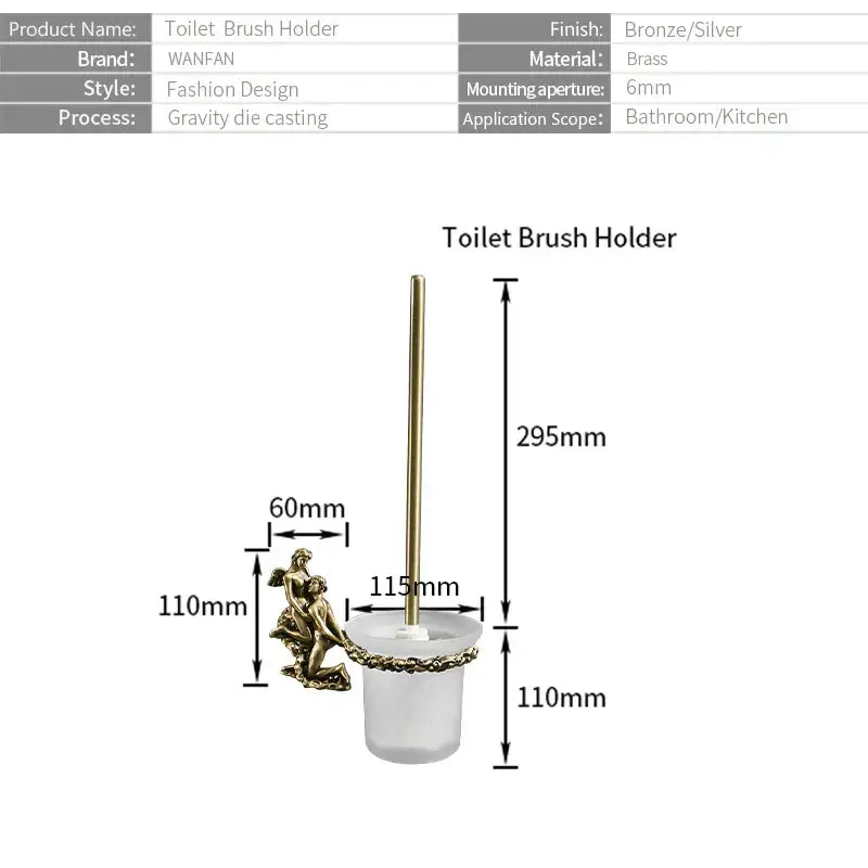 Bronze and silver-toned brass toilet brush holder with sculptural cherub figure and ornate chain detail for bathroom use