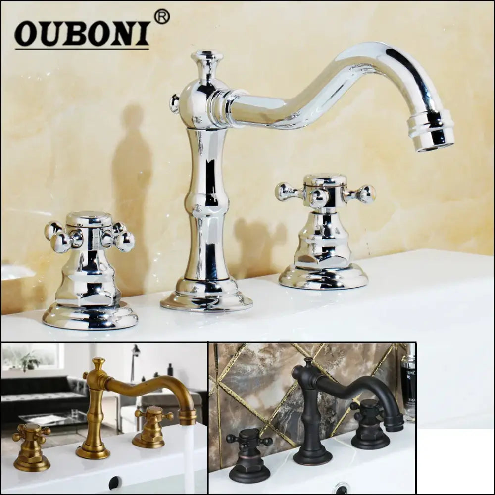 Chrome-finished ouboni three-handle basin faucet with curved spout and cross-shaped handles for decorbites dual handle use