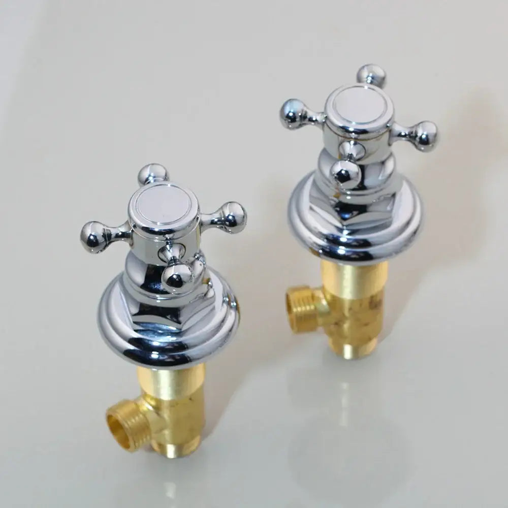 Chrome finished cross-handle shower valves with brass bases complement decorbites dual handle basin faucet design