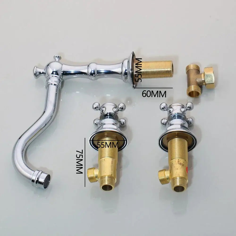 Antique chrome and black dual handle basin faucet with brass accents and cross-handle knobs by decorbites dual handle