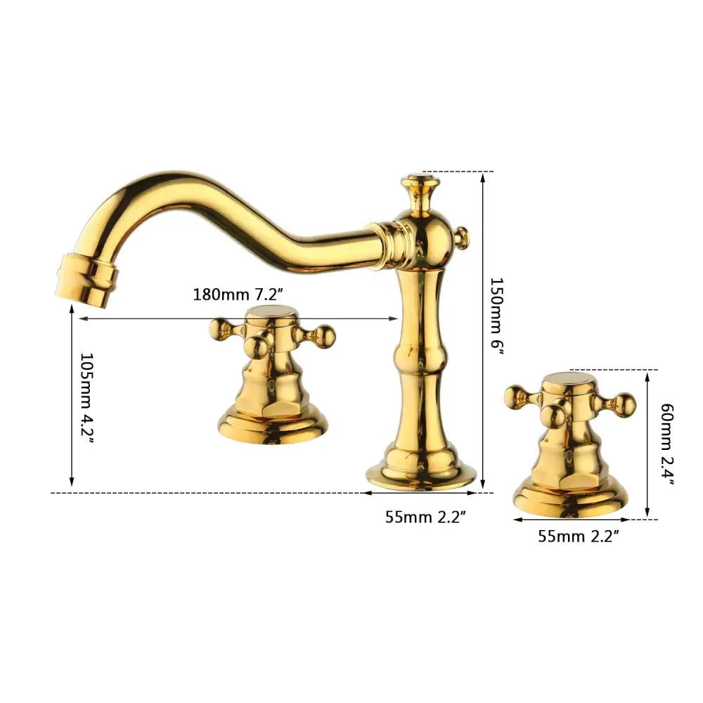 Gold-finished vintage-style basin faucet with ornate cross handles and curved spout dual handle decorbites basin faucet