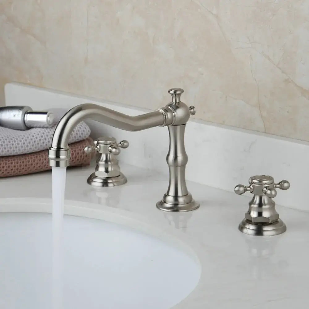 Brushed nickel basin faucet with dual handle cross-shaped design and curved spout for bathroom decorbites dual handle