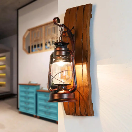 Lámpara de pared antigua de cristal transparente para queroseno con placa trasera de madera - Lámpara de pared rústica