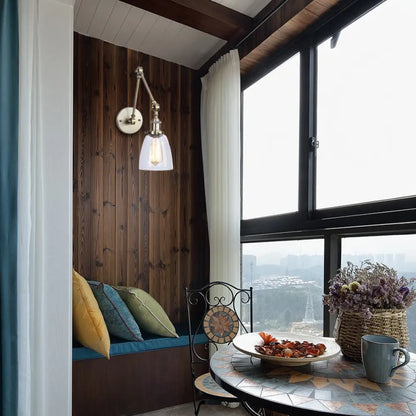 Aplique de pared antiguo de cristal transparente con forma cónica - Lámpara de pared con brazo articulado de 1 luz (Negro/Plata/Latón)