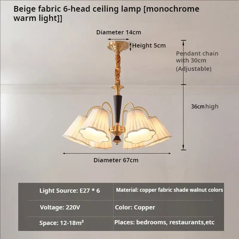 Antique copper chandelier with beige pleated fabric shades and copper-finished metal frame for dining room lighting