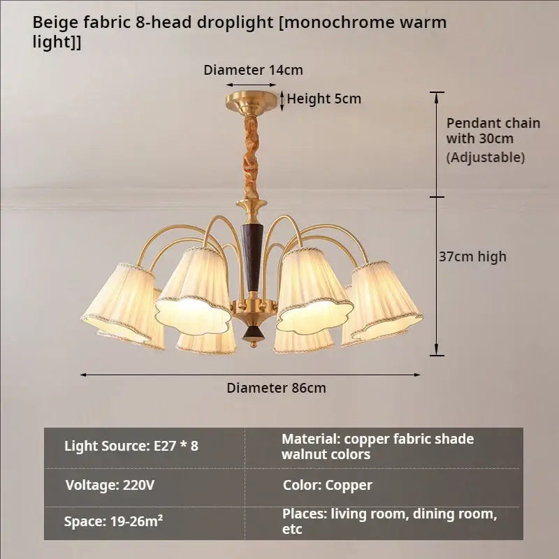 Beige fabric 8-head antique copper chandelier with pleated shades and copper-finished frame for dining room lighting