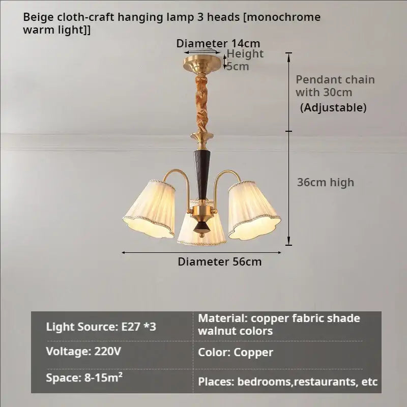 Beige cloth craft antique copper chandelier with three warm light heads and copper metal frame for dining room
