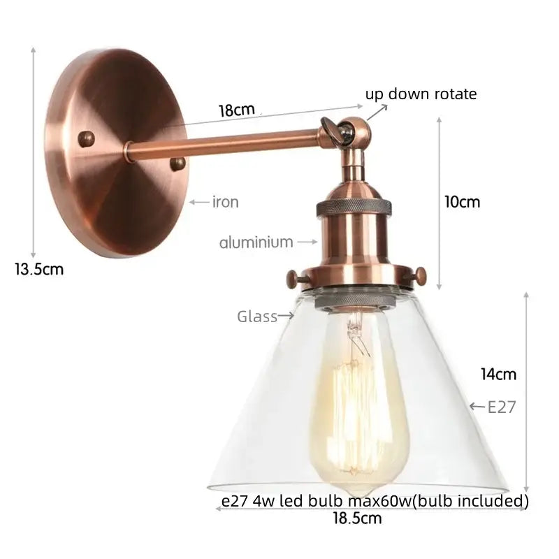 Antique copper industrial clear glass wall lamp with edison bulb for bedroom sconce decorbites clear glass style