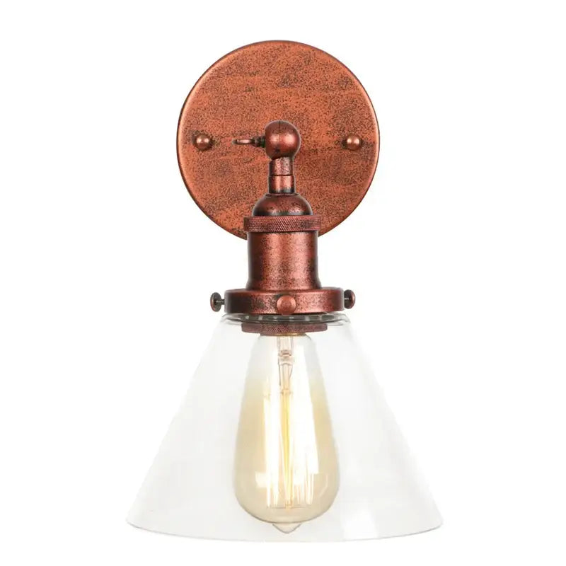 Antique copper industrial clear glass wall lamp with a conical shade and exposed Edison bulb for bedroom decorbites clear glass