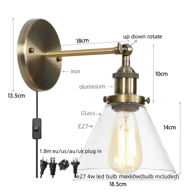 Antique copper industrial wall lamp with vintage brass sconce clear glass shade and e27 led bulb by decorbites clear glass