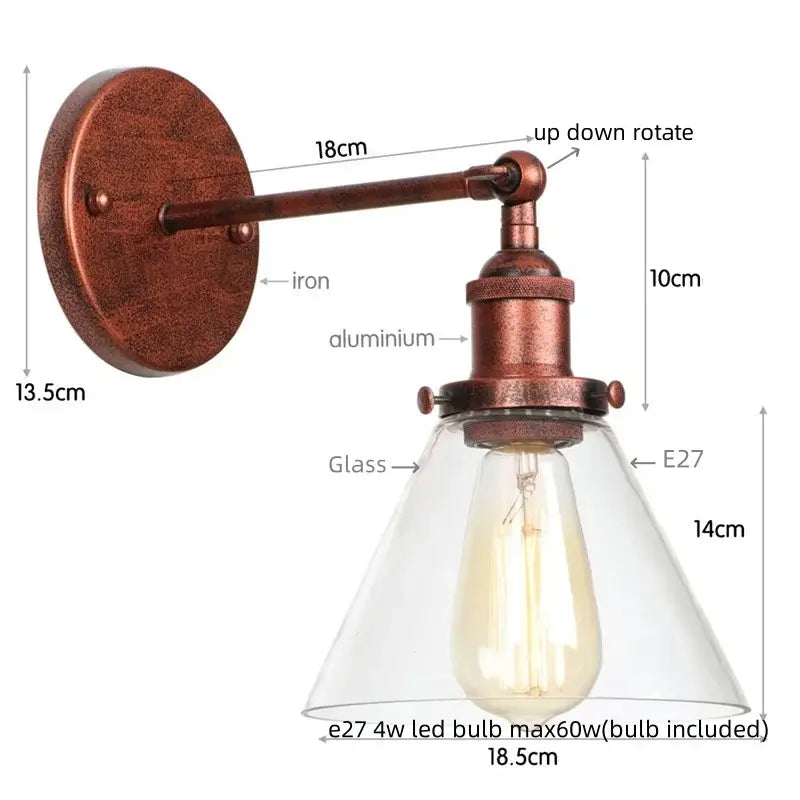 Antique copper industrial clear glass wall lamp with conical shade and exposed edison bulb for bedroom decorbites clear glass