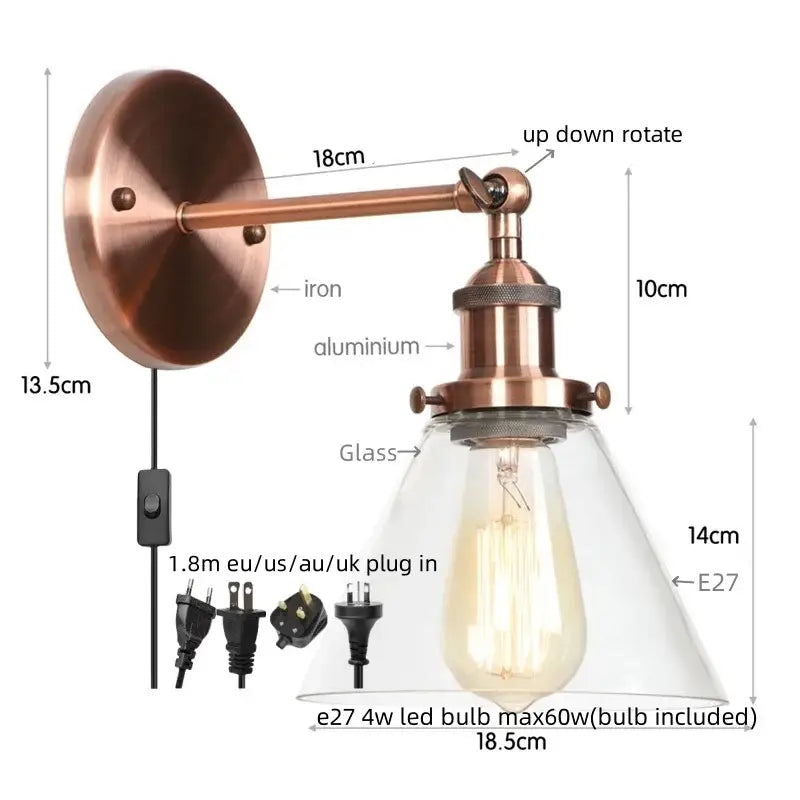 Antique copper industrial wall lamp with clear glass shade and exposed edison bulb for bedroom decorbites clear glass
