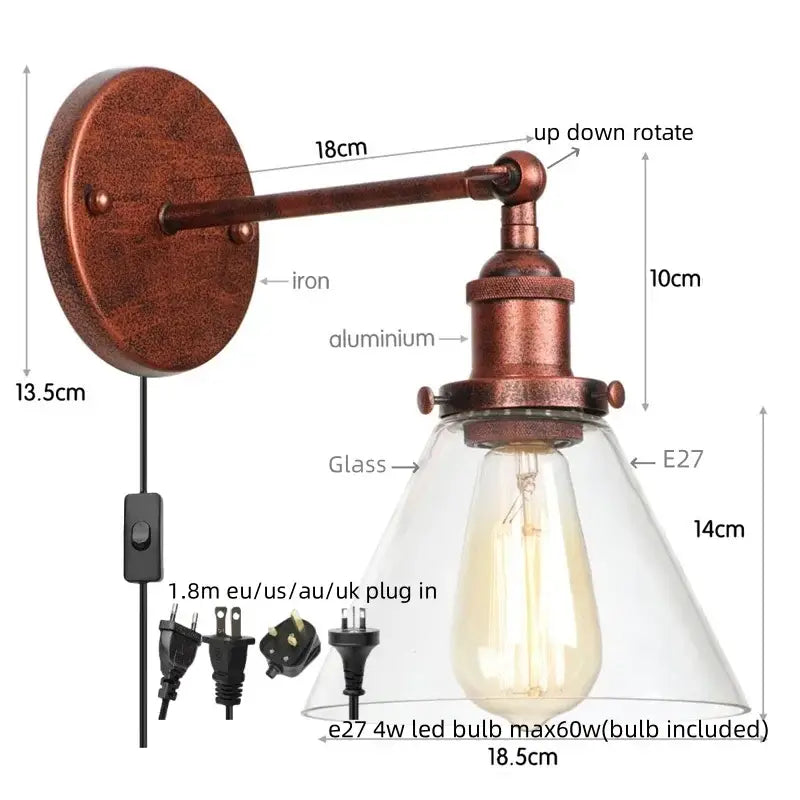 Copper-finished antique industrial wall lamp with clear glass shade and E27 led bulb for bedroom decorbites clear glass