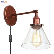 Antique copper industrial wall lamp with clear glass conical shade and exposed Edison bulb for bedroom decorbites clear glass