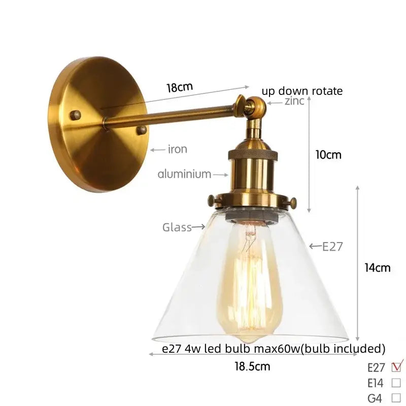 Brass-finished antique copper industrial clear glass wall lamp with conical shade and exposed Edison bulb for bedroom decorbites clear glass