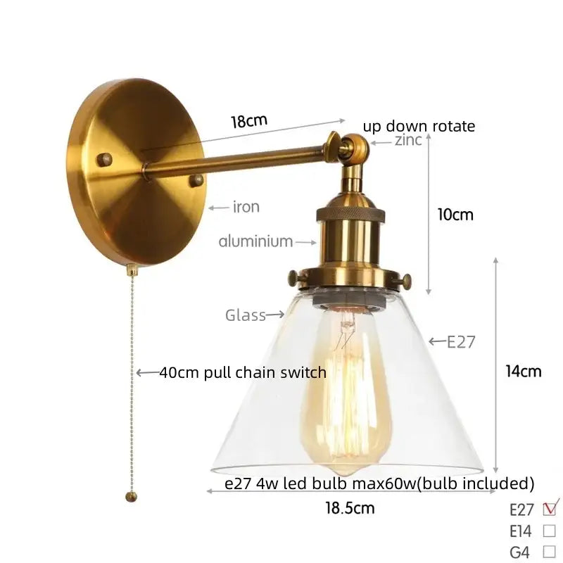 Brass-finished industrial clear glass wall lamp with e27 led bulb for bedroom decorbites clear glass sconce