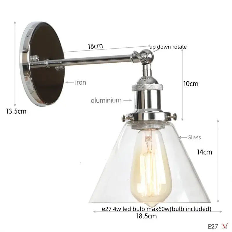 Chrome-finished industrial wall lamp with a clear glass conical shade and exposed edison bulb by decorbites clear glass
