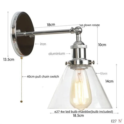 Antique copper industrial wall lamp with clear glass shade and chrome-finished iron arm for bedroom decorbites clear glass