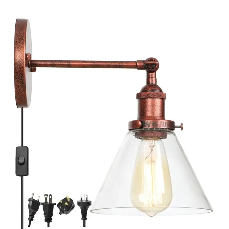 Antique copper industrial clear glass wall lamp with copper metal arm and exposed Edison bulb bedroom sconce decorbites clear glass