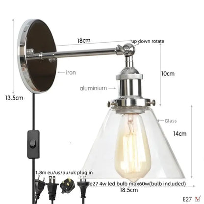 Antique copper industrial wall lamp with clear glass shade and chrome iron aluminum arm by decorbites clear glass