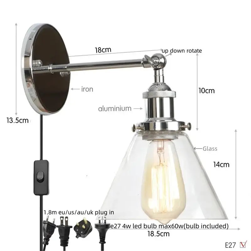 Antique copper industrial wall lamp with clear glass shade and chrome iron aluminum arm by decorbites clear glass