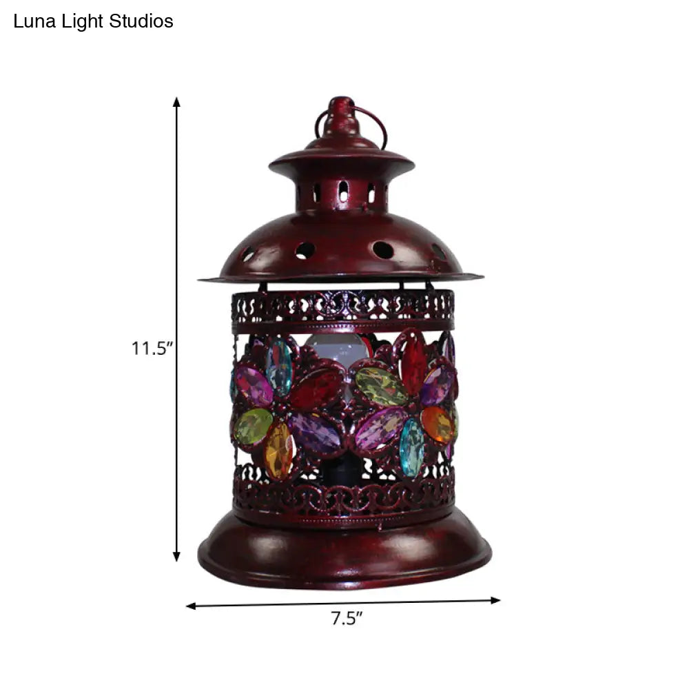 Lámpara de mesa de noche tipo farol antiguo de cobre - Lámpara de mesa metálica de 1 bombilla para sala de estar