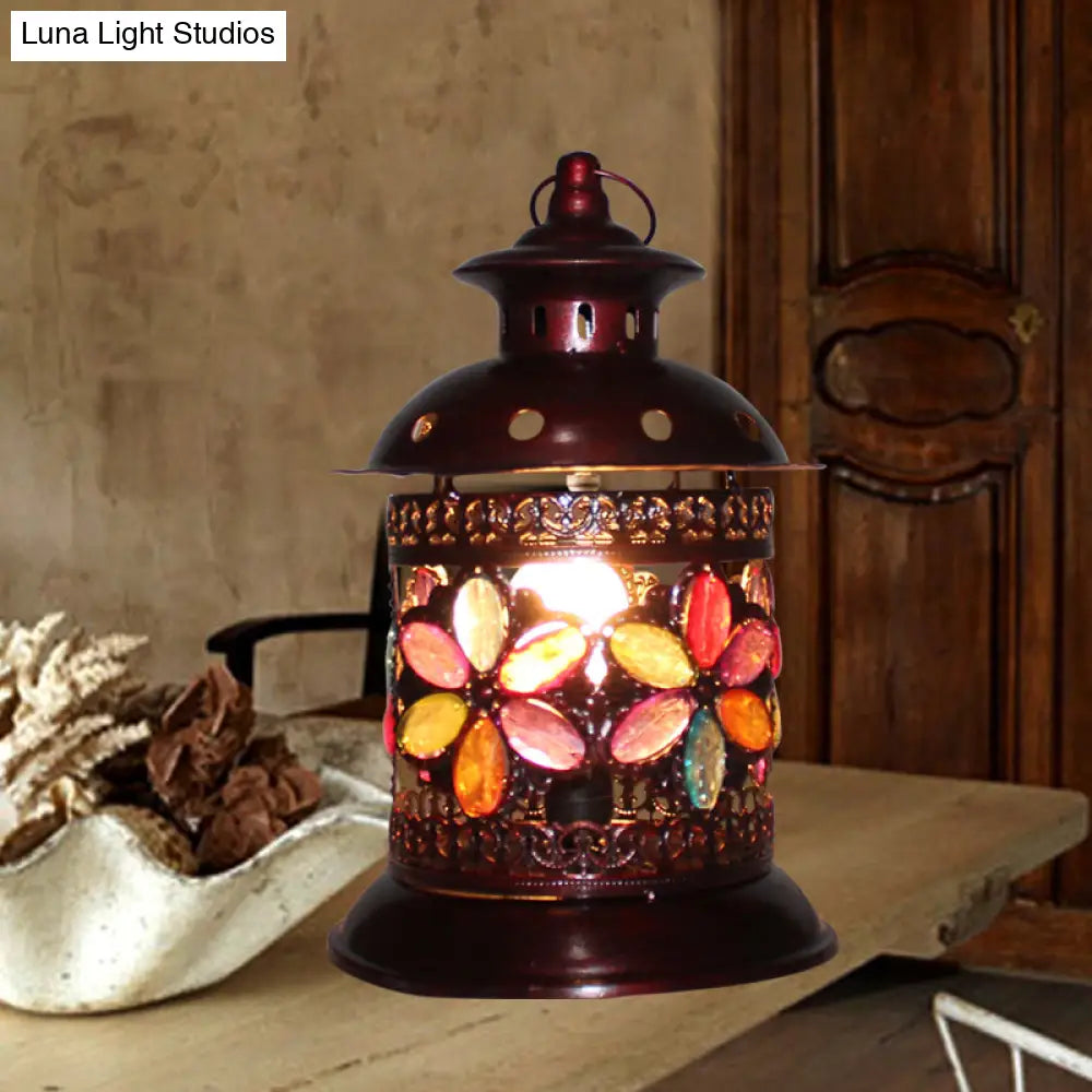 Lámpara de mesa de noche tipo farol antiguo de cobre - Lámpara de mesa metálica de 1 bombilla para sala de estar