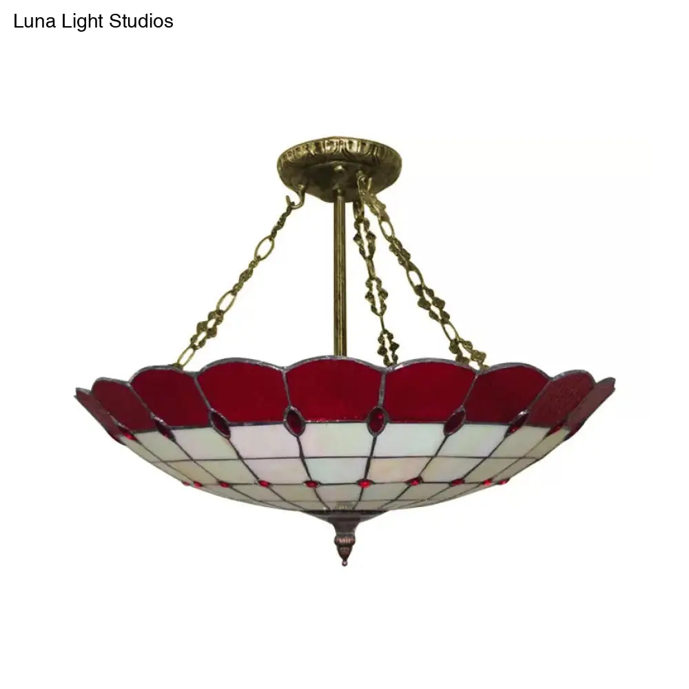 Lámpara de techo DecorBites™ estilo Tiffany en cobre antiguo para dormitorio - 4 luces, montaje semiempotrado en cúpula con pantalla de cristal, 20,3 cm de alto x 49,5 cm de profundidad