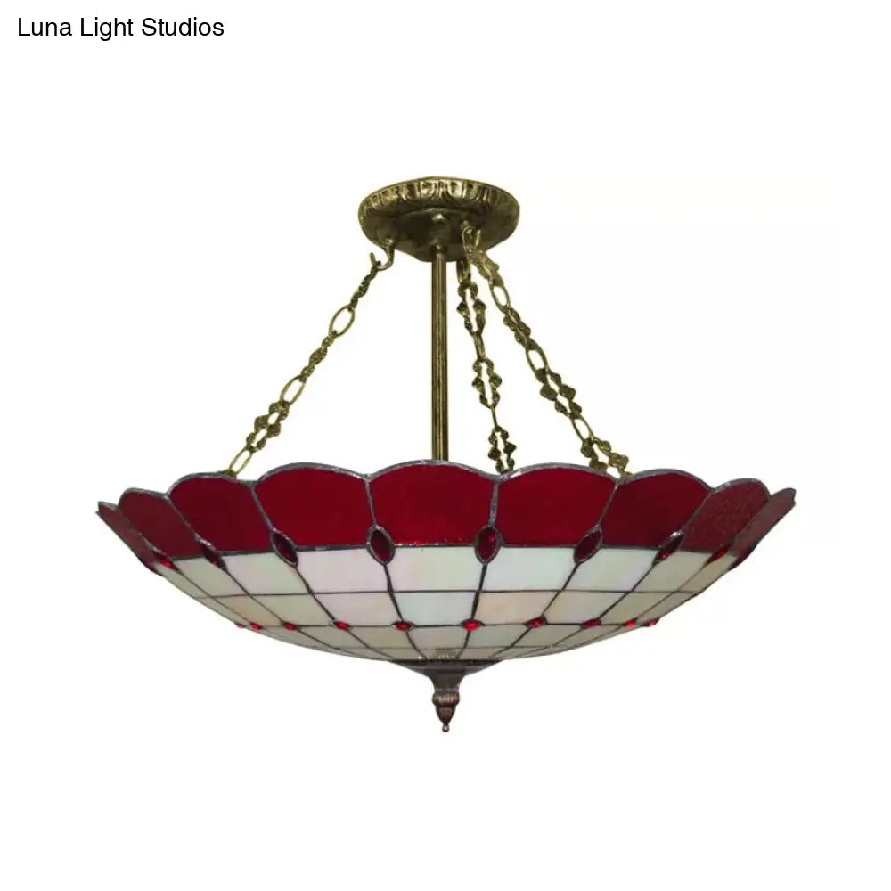 Lámpara de techo DecorBites™ estilo Tiffany en cobre antiguo para dormitorio - 4 luces, montaje semiempotrado en cúpula con pantalla de cristal, 20,3 cm de alto x 49,5 cm de profundidad