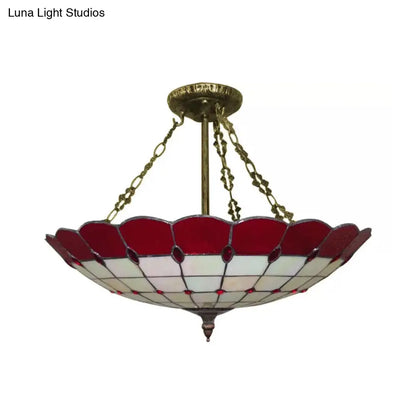 Lámpara de techo DecorBites™ estilo Tiffany en cobre antiguo para dormitorio - 4 luces, montaje semiempotrado en cúpula con pantalla de cristal, 20,3 cm de alto x 49,5 cm de profundidad