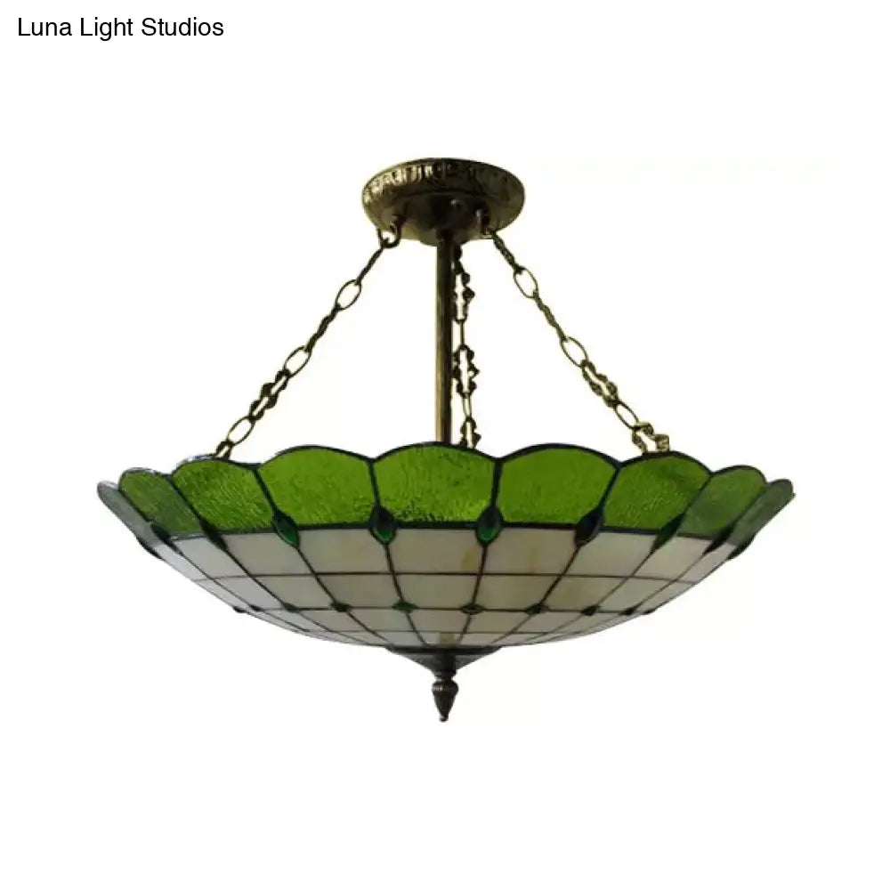 Lámpara de techo DecorBites™ estilo Tiffany en cobre antiguo para dormitorio - 4 luces, montaje semiempotrado en cúpula con pantalla de cristal, 20,3 cm de alto x 49,5 cm de profundidad