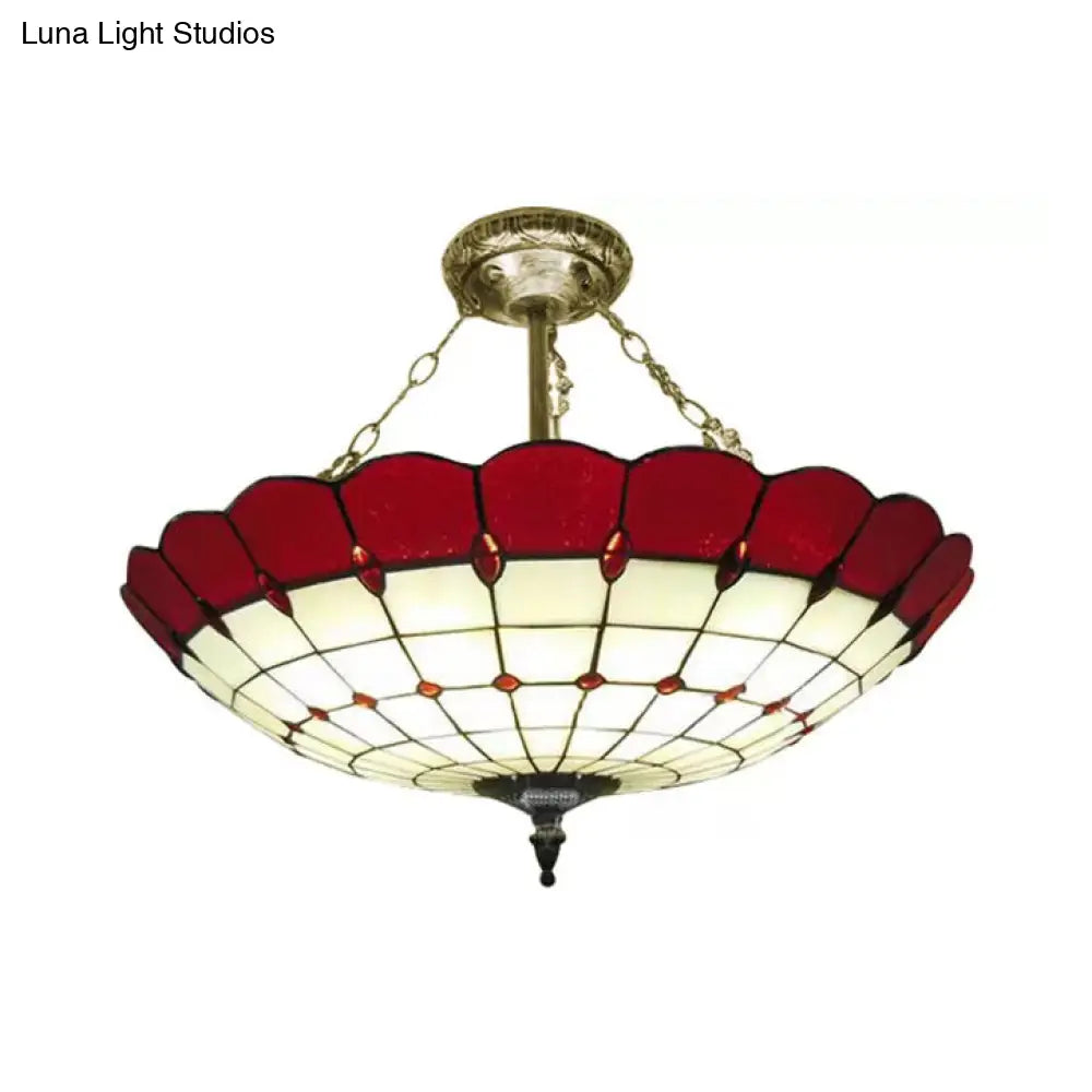 Lámpara de techo DecorBites™ estilo Tiffany en cobre antiguo para dormitorio - 4 luces, montaje semiempotrado en cúpula con pantalla de cristal, 20,3 cm de alto x 49,5 cm de profundidad