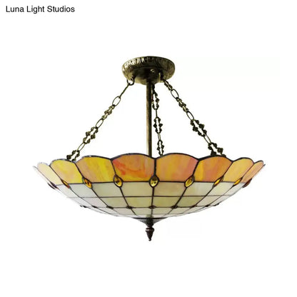 Lámpara de techo DecorBites™ estilo Tiffany en cobre antiguo para dormitorio - 4 luces, montaje semiempotrado en cúpula con pantalla de cristal, 20,3 cm de alto x 49,5 cm de profundidad