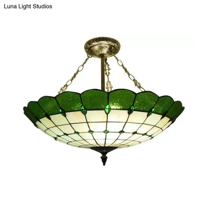 Lámpara de techo DecorBites™ estilo Tiffany en cobre antiguo para dormitorio - 4 luces, montaje semiempotrado en cúpula con pantalla de cristal, 20,3 cm de alto x 49,5 cm de profundidad