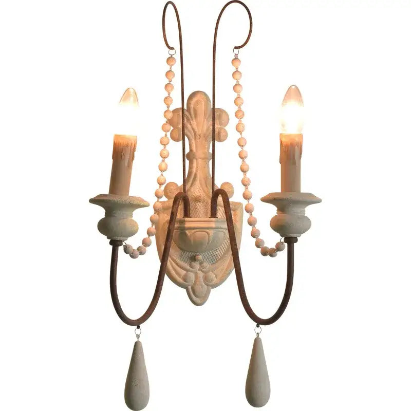 Antique country french wall lamp with distressed white finish ornate metal arms and bead chains for wall lamp decorbites country french