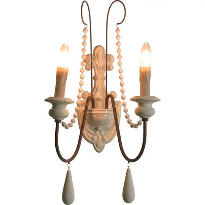 Antique country french wall lamp with distressed white finish ornate metal arms and bead chains for wall lamp decorbites country french