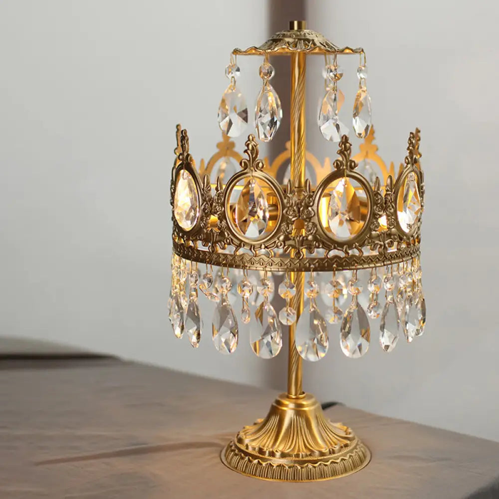Lámpara de mesilla de noche antigua Crown Crystal - Lámpara de mesa dorada de una sola bombilla para el dormitorio