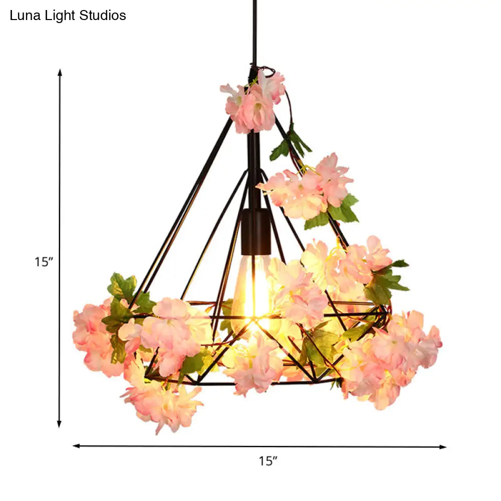 Antique Diamond Metal Pendant LED Ceiling Light with Cherry Blossom Design for Restaurants - Available in 10"/15"/18" W