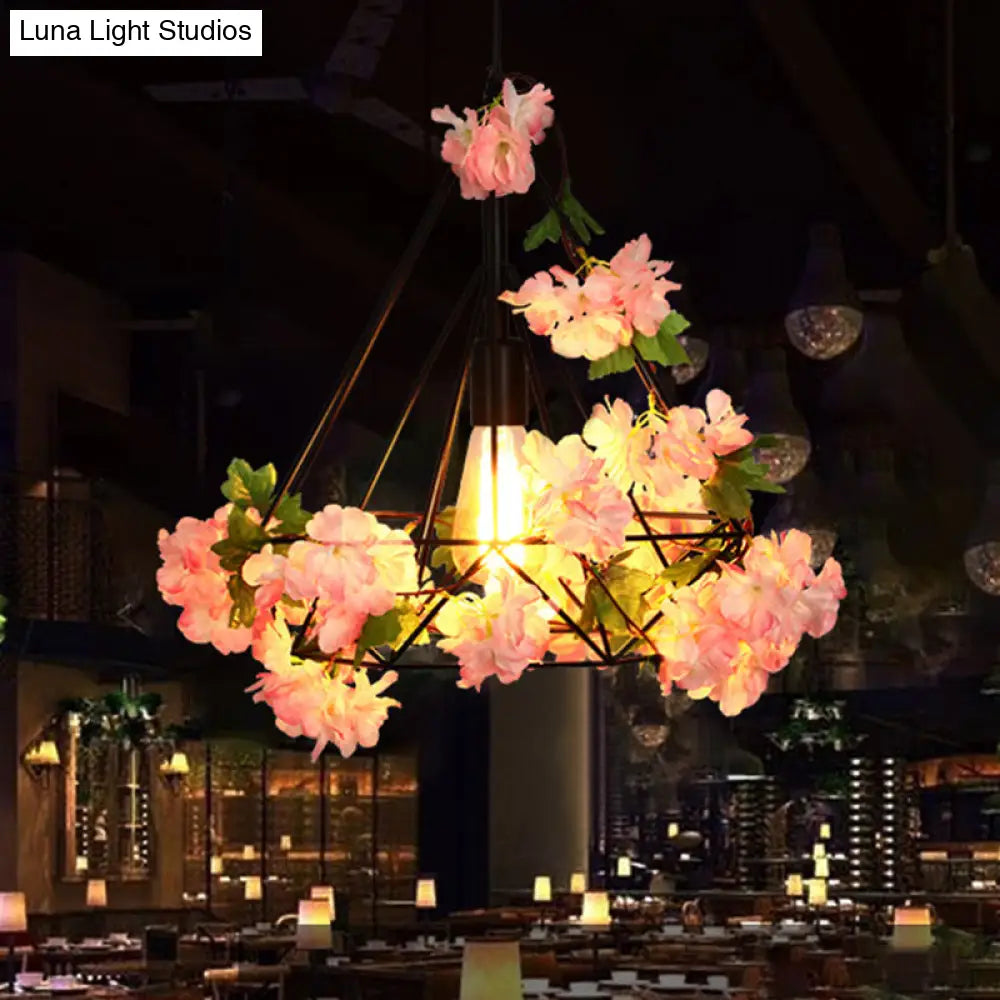 Antique Diamond Metal Pendant LED Ceiling Light with Cherry Blossom Design for Restaurants - Available in 10"/15"/18" W