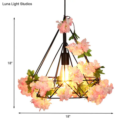 Antique Diamond Metal Pendant LED Ceiling Light with Cherry Blossom Design for Restaurants - Available in 10"/15"/18" W