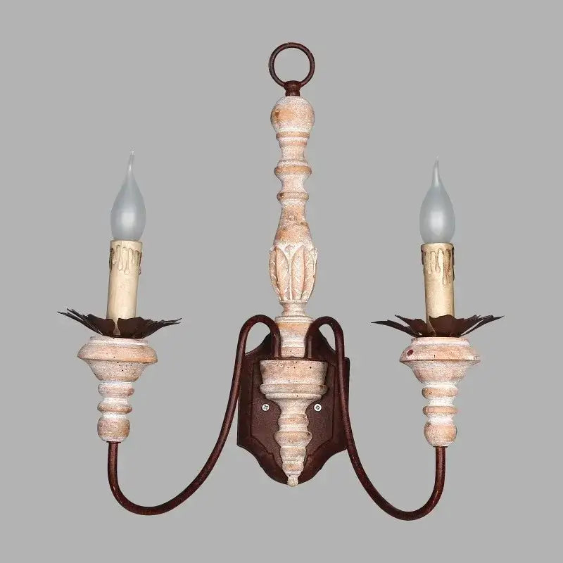 Antique double head french wall lamp with distressed white wood and dark bronze metal accents for bedroom sconce lighting