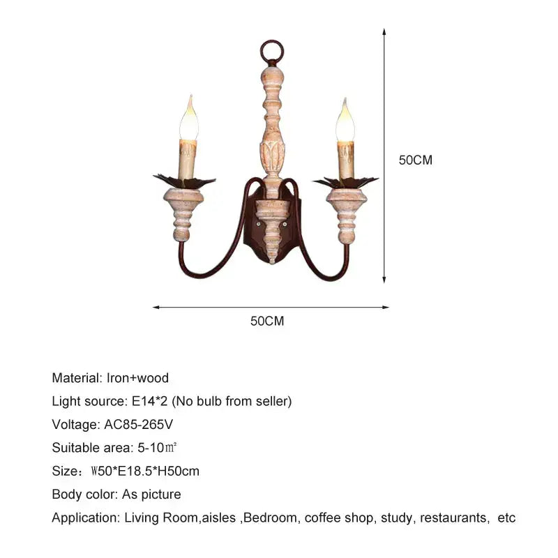 Antique double head french wall lamp with distressed white finish, iron and wood rustic two-light wall lamp