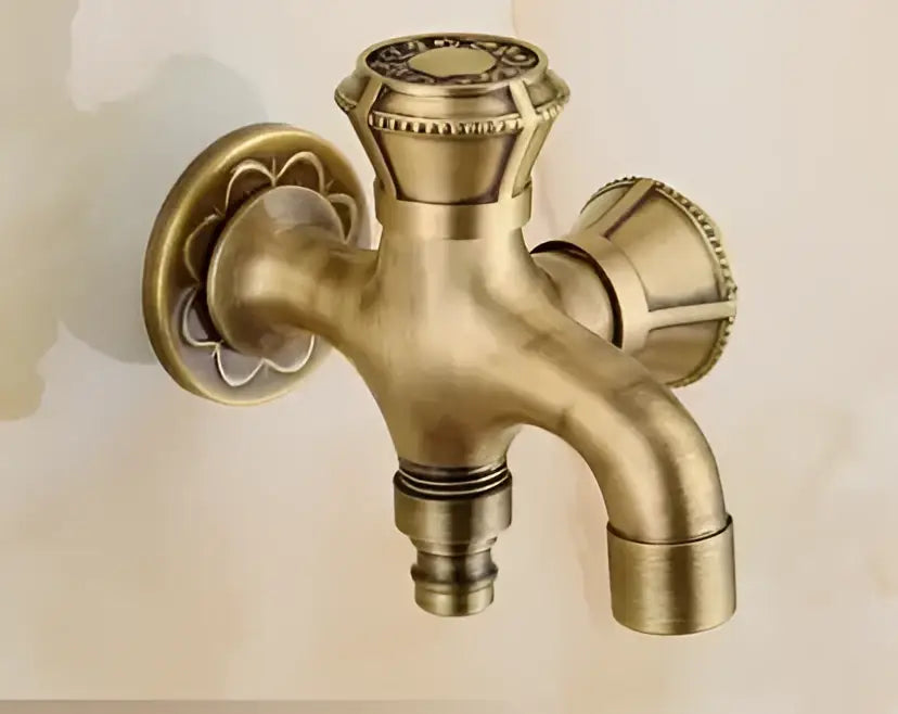 Antique brass-colored decorbites dragon carved single cold tap garden faucet with ornate two-handle and fluted spout