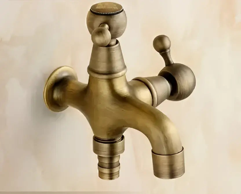 Antique brass dual-handle outdoor faucet with vintage design and two spouts for decorbites dragon carved cold tap use