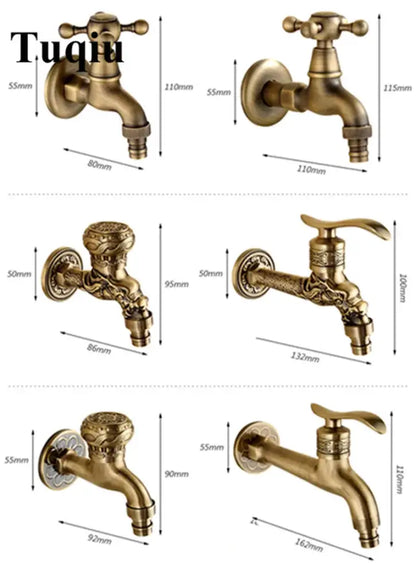 Antique brass-finished single cold tap garden faucet with decorbites dragon carved ornate detailing and cross handles