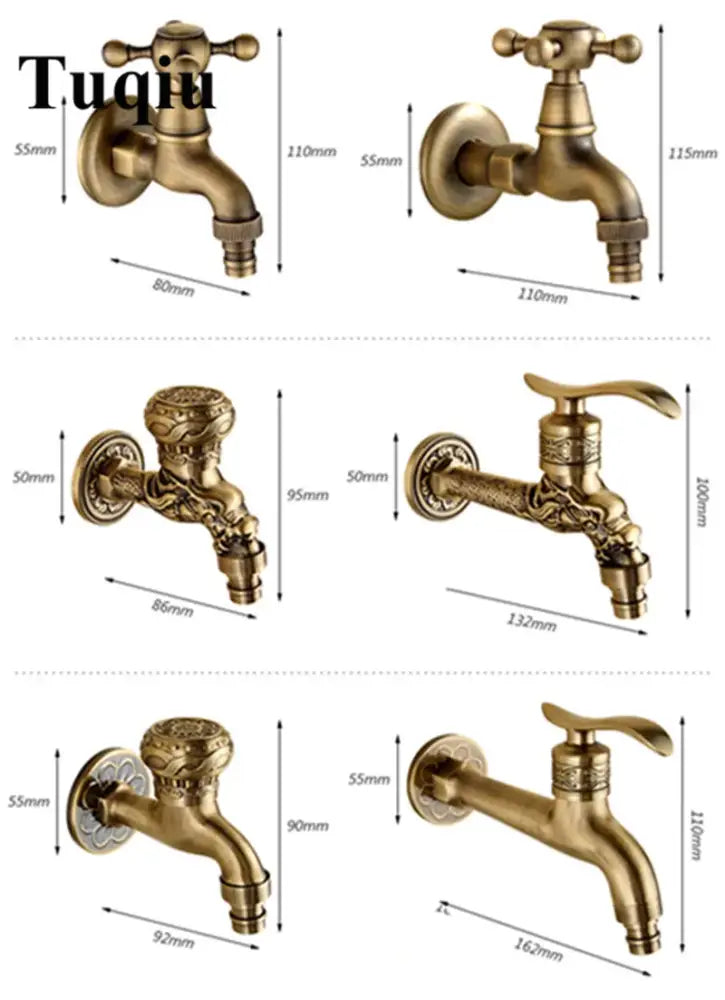 Antique brass-finished single cold tap garden faucet with decorbites dragon carved ornate detailing and cross handles