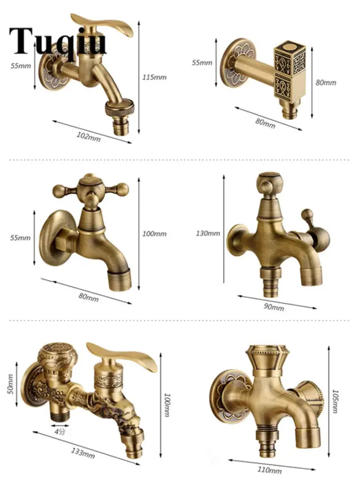 Antique brass-finished single cold tap garden faucet with decorbites dragon carved ornate detailing and cross-handle design
