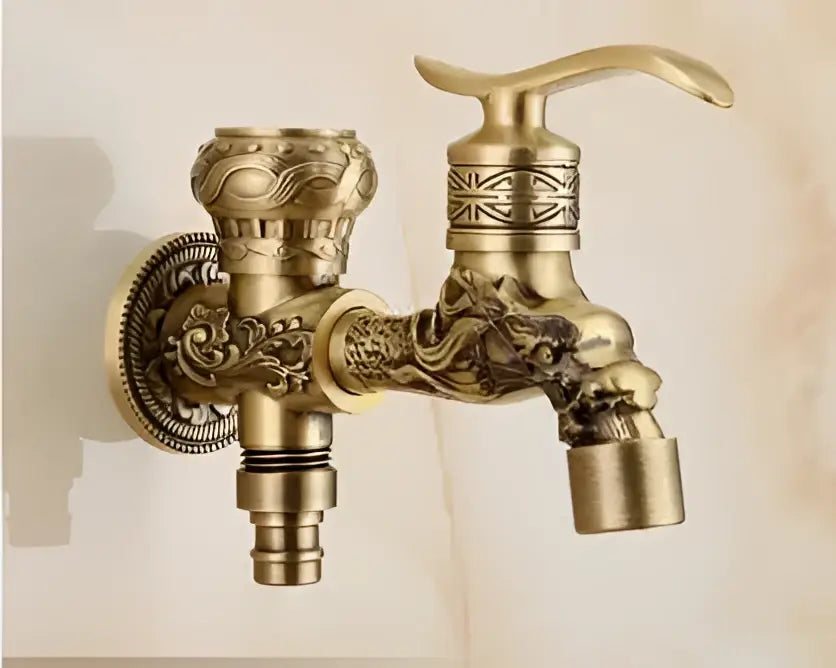 Antique brass single cold tap with decorbites dragon carved ornate floral and dragon motifs wall-mounted faucet